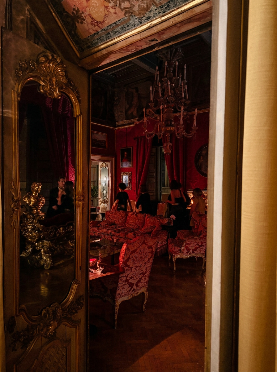 Gilded doorway opening onto a crimson salon where guests mingle beneath a chandelier