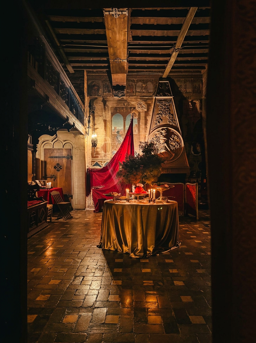 Round table dressed in golden satin and candles beneath a crimson canopy, in front of a sculpted stone fireplace