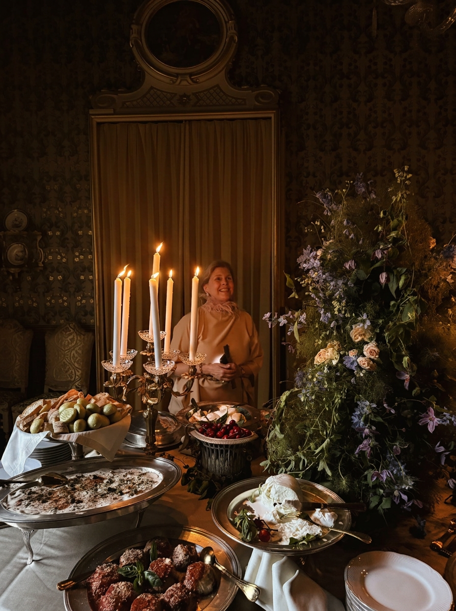 Maria Renata Leto standing behind a candlelit banquet table laid with silver platters and a tall floral centrepiece