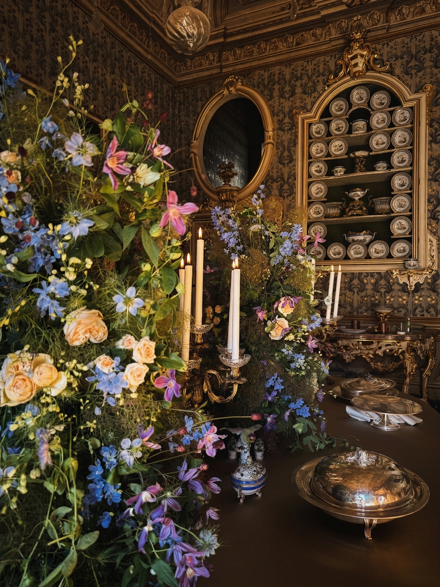 Tall floral installation of peach roses, blue delphiniums and clematis beside lit candelabra and silver covers